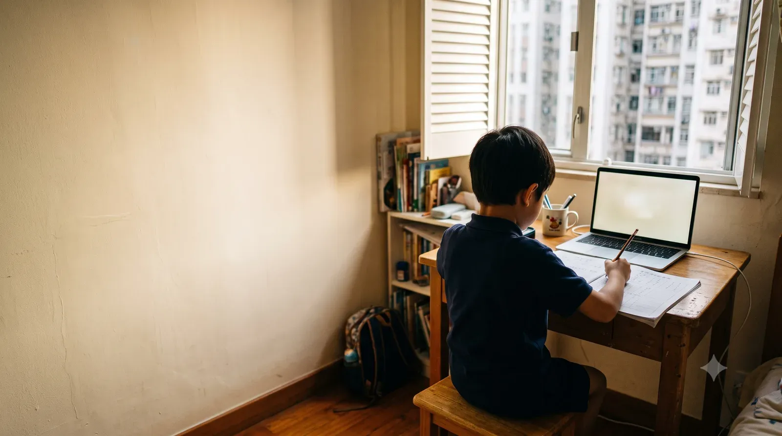 小學生坐在家中窗邊的書桌前，背向鏡頭對著手提電腦，桌上攤著練習簿與鉛筆