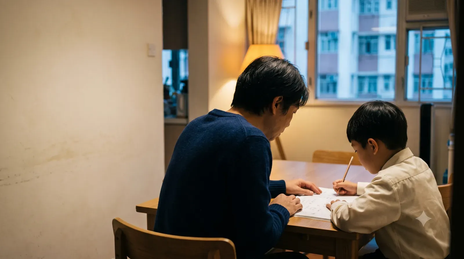 家長與小學生並肩坐在飯桌前，一起低頭看攤開的練習簿