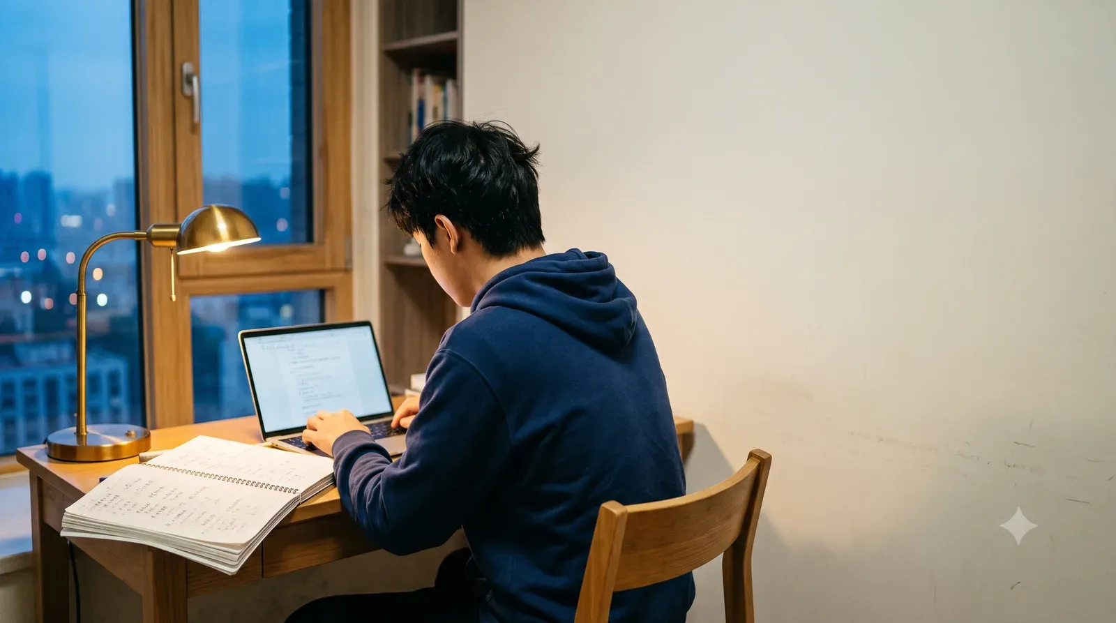 中學生背向鏡頭坐在書桌前，檯燈的暖光配上窗外的暮色
